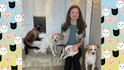girl with dogs and cats