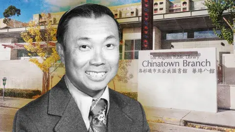 Portrait of Dr. William "Bill" Chun-Hoon and the Chinatown Branch Library in the background
