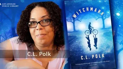 Photo of author C.L. Polk  and her book Witchmark