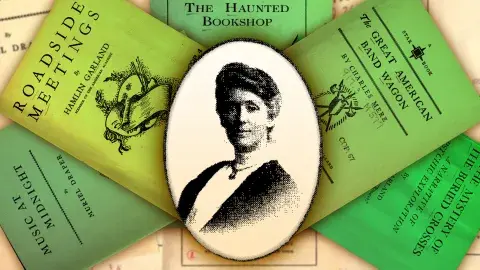 Gertrude E. Darlow (1864-1949) surrounded by some of the books she reviewed