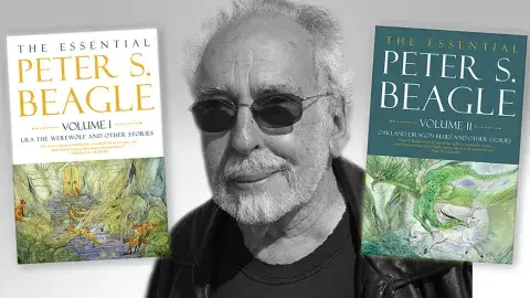 Author Peter S. Beagle and his two collections of short fiction, The Essential Peter S. Beagle Volumes 1 & 2