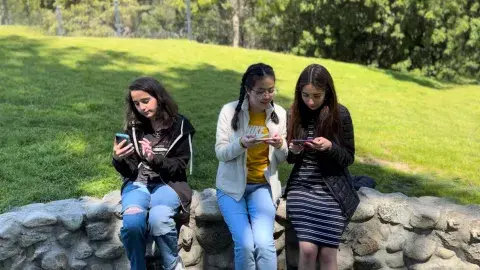 3 teens looking at their phones in a park
