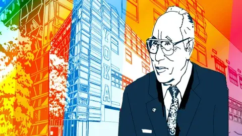 Colorful illustration of Young Oak Kim and a Los Angeles school named after him