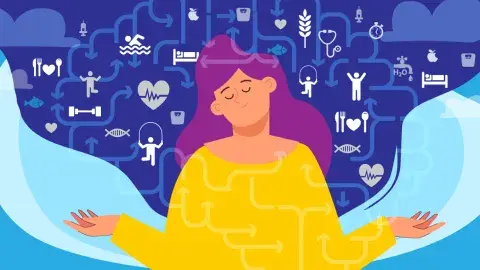 Illustration of person with eyes close and hands out in a connected mind and body posture
