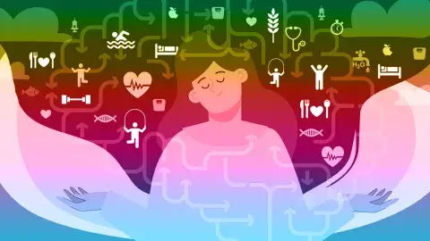 Illustration of person with eyes close and hands out in a connected mind and body posture