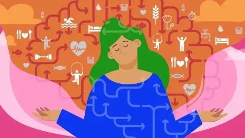 Illustration of person with eyes close and hands out in a connected mind and body posture