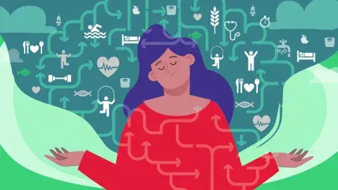 Illustration of person with eyes close and hands out in a connected mind and body posture