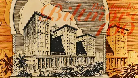 A colorized 1930 pen & ink drawing of the Los Angeles Biltmore Hotel by Harold E. Powe