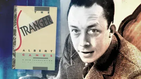 Colorized photo of Albert Camus and his novel, The Stranger