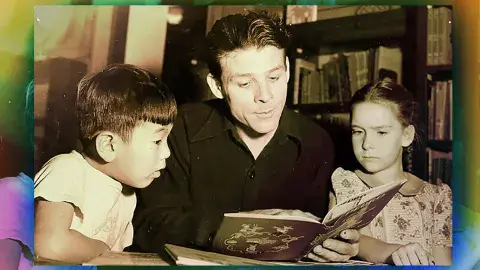 Colorize photo of author and illustrator Leo Politi reading to children in the Children’s Literature Department