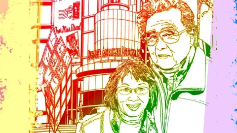 A colorized coloring page of Joseph and Elizabeth Yamada