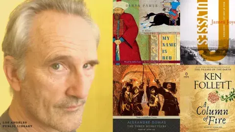 John Lee and the cover of four of the audiobooks he has narrated