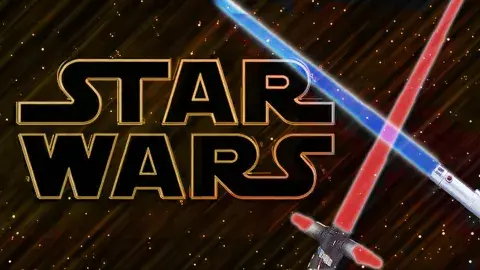 Star Wars logo type and blue and red lightsabers