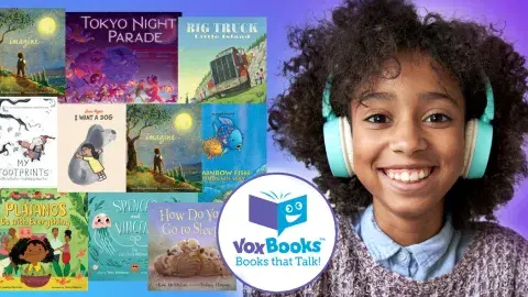 collage of book covers and a young girl wearing headphones