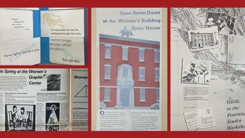 Collage of various promotional brochures, workshops, and art created at The Woman's Building