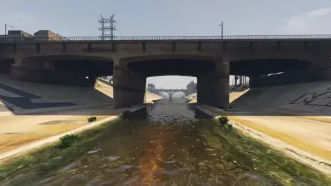 A computer-generated image of the Los Angeles River flowing through a concrete channel and passing under a bridge. 