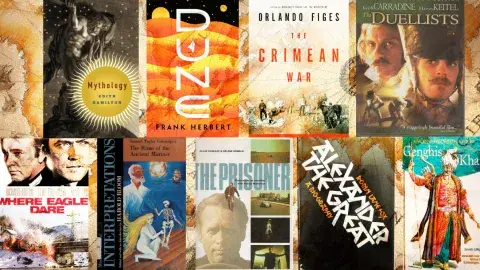 Collage of books and films on history, mythology, and films