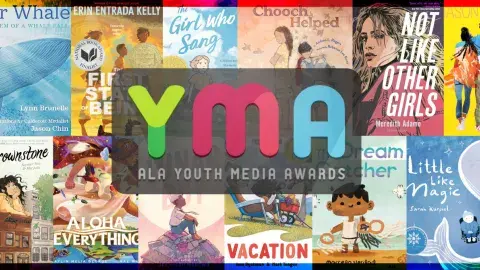 Collage of ALA awarded books behind YMA logo