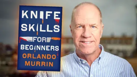 Author Aimee Pokwatka and his first novel, Knife Skills For Beginners