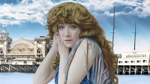 color postcard image of Sarah Bernhardt in front of the Venice Canals