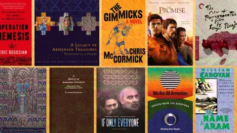 Collage of books and films on Armenian history and culture