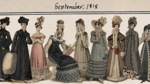 colored drawing of women's clothes from 1845