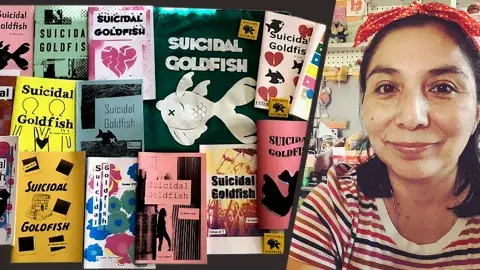 Zine author, Suemi Guerra and her zine, Suicidal Goldfish