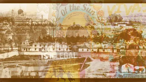 Collage of resources books on the an outdoor photo of early Los Angeles