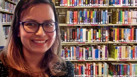 a librarian using a library photo as virtual background