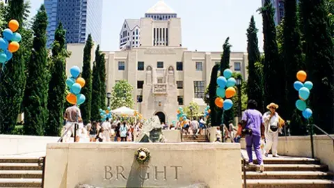 front steps of the library with festive balloons