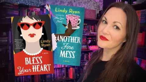 Author Lindy Ryanand her two novel, Bless Your Heart and Another Fine Mess