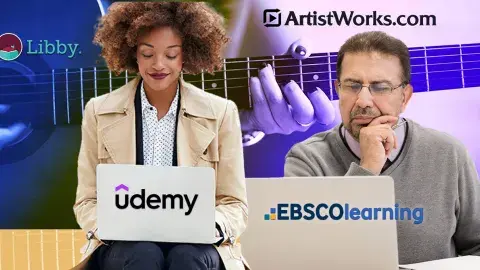 Collage of people learning online using Udemy, ArtistWorks via Libby and LearningExpress
