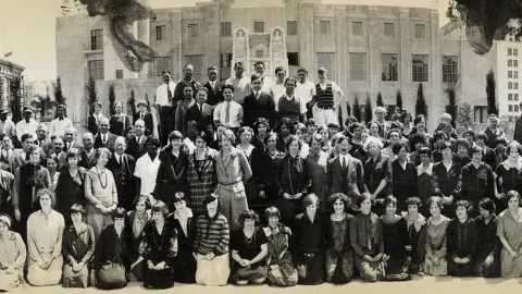Central Library staff photo taken from Flower Street with a view of the East side of the Library, 1926