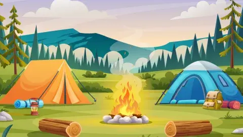 Two tents between a campfire in the woods