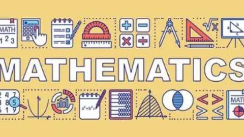 Yellow mathematics banner with math-related icons.