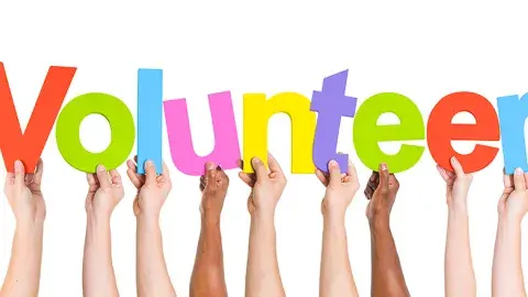Multicultural arms and hands holding up letters that spell out the word volunteer. Also an image of a QR code linked to a Google Form.