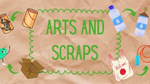 Collage with upcycled craft projects and the text "Arts and Scraps" on a brown paper background.