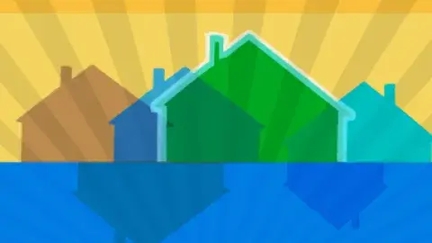 outline of three houses on a yellow background