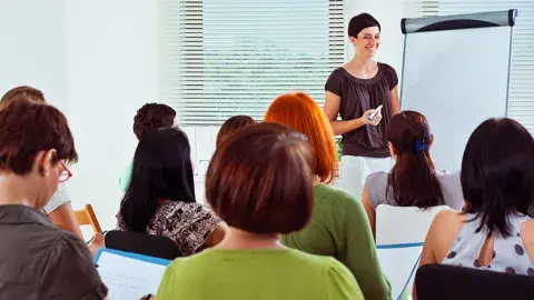 A person presenting in front of several people.