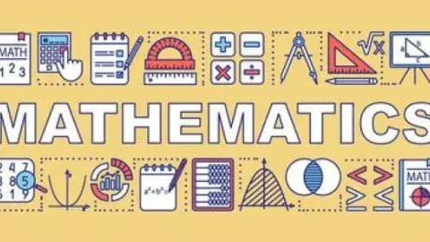 Yellow mathematics banner with math-related icons.