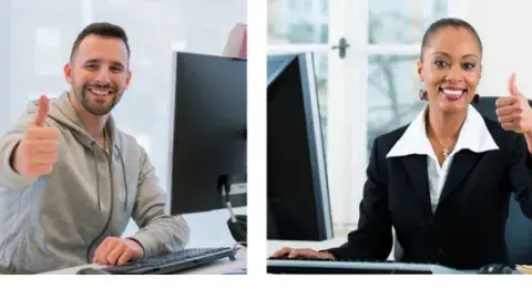 a smiling man sitting at his desk and computer and a smiling woman sitting at her desk and computer