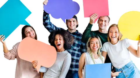 Six teens holding up colorful thought bubble signs