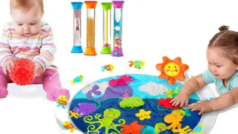 One baby playing with a textured ball and another baby crawling over a sensory water mat.