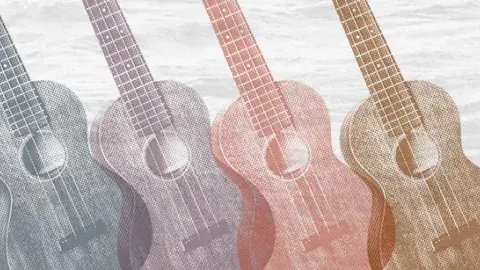 4 Ukuleles in halftone with a background of water
