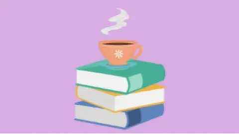 Cartoon books with a carton cup of tea on top on a purple background. 
