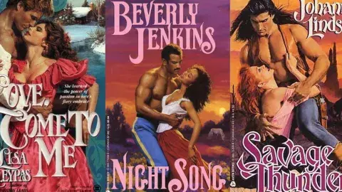 three examples of romance book cover art featuring couples embracing passionately