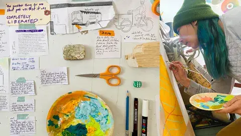 collage of artist work table and artist painting