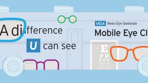 Text reading "A difference U can see" & "UCLA Stein Eye Clinic Mobile Eye Clinic" with some clip art glass frames and eye charts.