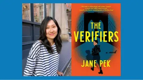 To the left is a photo of the author, wearing a black and white striped shirt. To the right is the cover of the book The Verifiers, with a woman in black walking across a bridge.