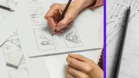 An animator's hands are drawing a storyboard.